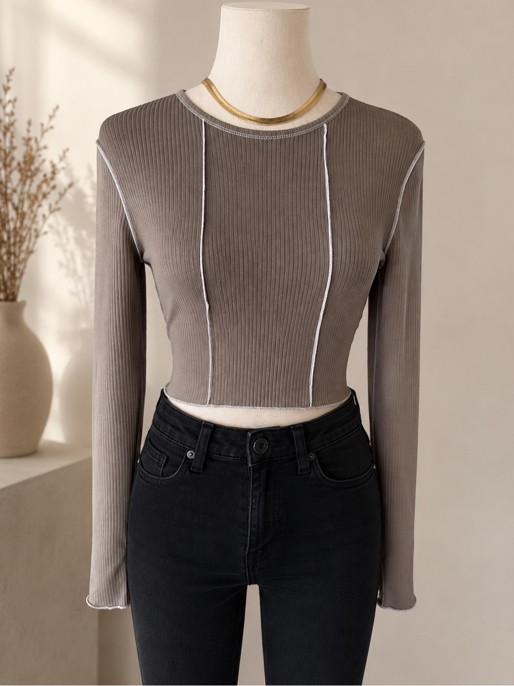 Ribbed Long-Sleeve Crop Top - Taupe with Contrast Stitching